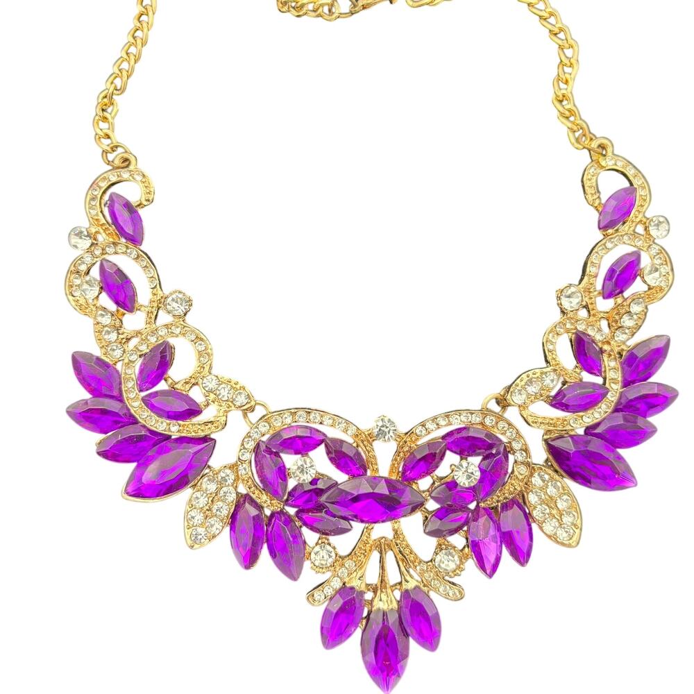 Purple Rhinestone Statement Bib Necklace Gold Prom Pageant Regal Drag Queen